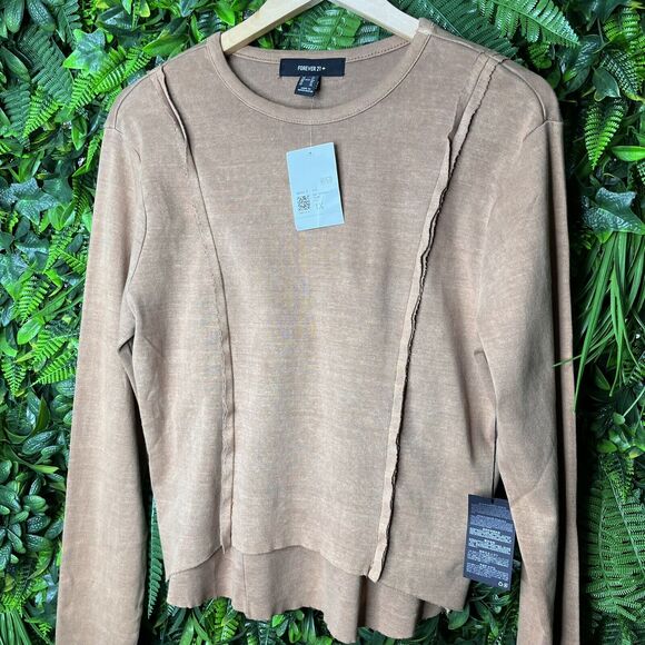 Forever 21 Tops Women XL Light Brown Cut Raw Edge High Low Blouse NWT 0298 - Picture 9 of 13